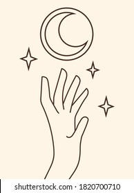 Line art.  Contemporary  composition with moon and hand. Vector illustration.