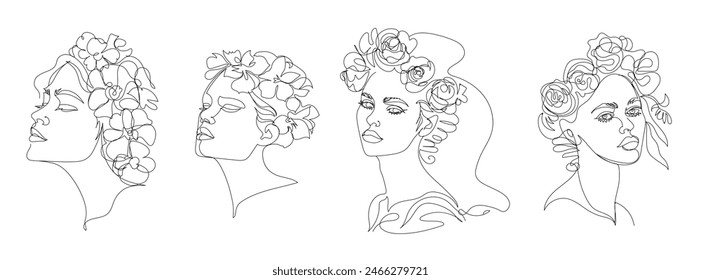 Line Art continuous line drawing Four Women fase With Floral Crowns in Minimalist Line Art on White Backgroun, elements for logos in the beauty industry,beauty salon, health industry, makeup artist.