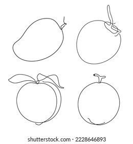 line art and continuous drawing fruit symbol element for logo and printable design mango; coconut; peach and melon