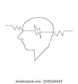 line Art continuous drawing head and charging power   lightning battery level  Mental health   mindfulness concept in simple linear style vector illustration  Design