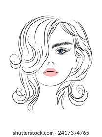 Line art, contour drawing of a beautiful woman with long hair. Beauty logo. Fashion and beauty concept. Vector