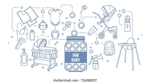Line art contour flat vector illustration. A money box with money for a baby, different children's accessories.Horizontal banner.