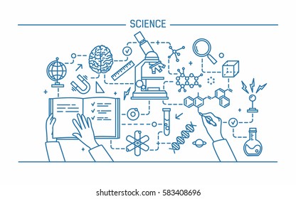 Line art contour vector illustration. Science word and technology concept. flat design banner for website.