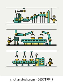 Line art conveyor system in flat style. Professional mechanism  to produce new product with remote control. Outline colorful illustration.