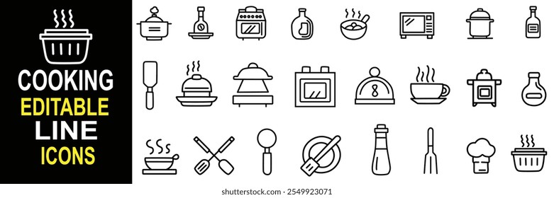 Conjunto de ícones de culinária Line-Art.  Designs elegantes para frigideira, faca, micro-ondas e mais