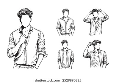 Line Art Cool Men Casual Shirt Model Photo Art Black and White Illustration Hand Drawn Clipart