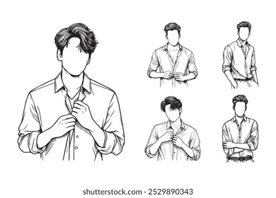 Line Art Cool Men Casual Shirt Model Photo Art Black and White Illustration Hand Drawn Clipart