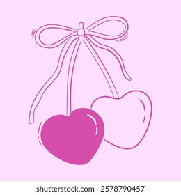 Line art coquette illustration of heart shaped cherry couple and tied bow. Outline y2k drawing for card, poster design. Valentine's day concept. Vector graphic