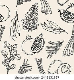 Line art cosmetic plants and herbs background. Lemon verbena, lemongrass, pomegranate, tea tree, avocado, moringa, eucalyptus