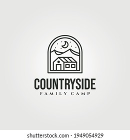 line art cottage house vector symbol illustration with mountain view logo design