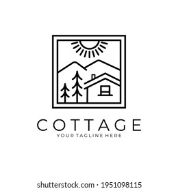 line art cottage house vector symbol illustration with mountain view logo design