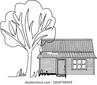  line art of a cottage with tree hand drawn rural Landscape Pro Vector