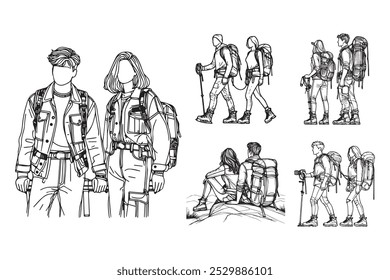 Line Art Couple Adrenaline Adventure Use Trekking Equipment Art Black and White Illustration Hand Drawn Clipart