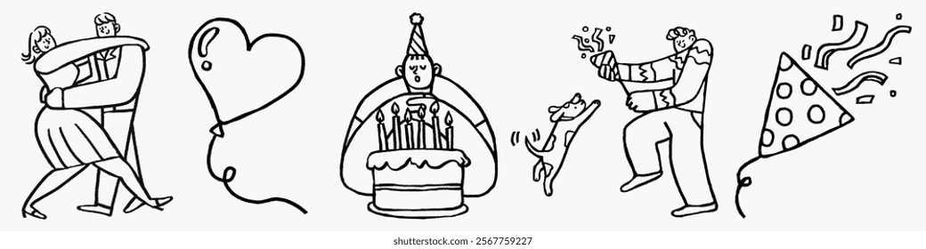 Line art of a couple dancing, a birthday cake with candles, a dog jumping, and a person celebrating with confetti. Celebration, joy, and fun in simple sketches. Party elements vector set.