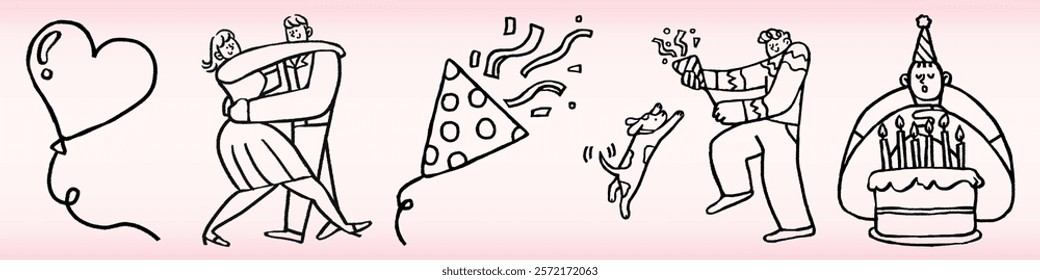 Line art of a couple dancing, a party hat, a dog jumping, a man holding gifts, and a birthday cake with candles. Celebration and joy in simple illustrations. Party elements vector set.