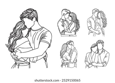 Linha Art Casal Abraço Romance Relação Pose Preto e Branco Ilustração Mão Desenhado Clipart