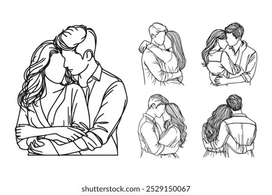 Line Art Couple Hug Romance Relation Pose Black and White Illustration Hand Drawn Clipart