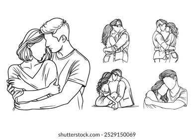 Line Art Couple Hug Romance Relation Pose Black and White Illustration Hand Drawn Clipart