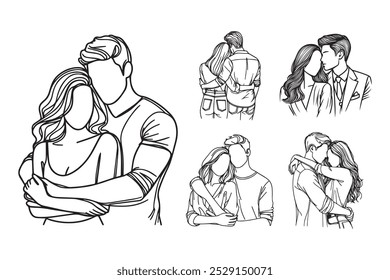 Line Art Couple Hug Romance Relation Pose Black and White Illustration Hand Drawn Clipart