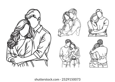 Line Art Couple Hug Romance Relation Pose Black and White Illustration Hand Drawn Clipart