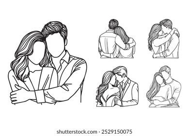 Line Art Couple Hug Romance Relation Pose Black and White Illustration Hand Drawn Clipart