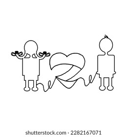 Line art couple in love bound by one heart. Reconciliation between girl and boy. Concept of family support, care and reconciliation
