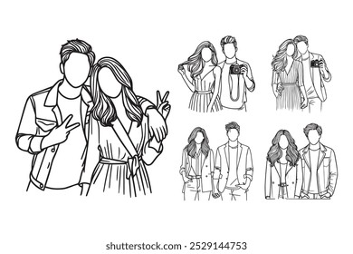 Linha Art Casal foto amor intimamente preto e branco ilustração mão desenhado Clipart