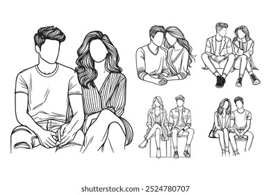 Linha Art Casal Sentado Intimamente Preto e Branco Ilustração Mão Desenhado Clipart