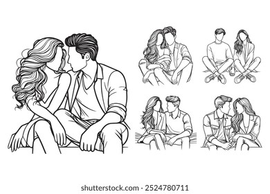 Linha Art Casal Sentado Intimamente Preto e Branco Ilustração Mão Desenhado Clipart