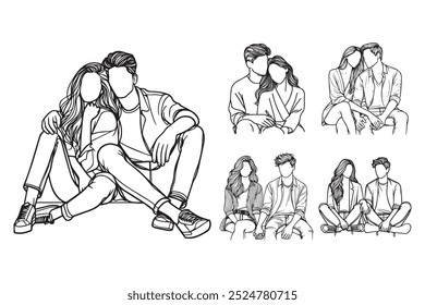 Linha Art Casal Sentado Intimamente Preto e Branco Ilustração Mão Desenhado Clipart