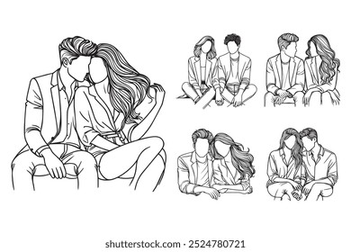 Linha Art Casal Sentado Intimamente Preto e Branco Ilustração Mão Desenhado Clipart