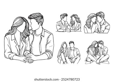 Linha Art Casal Sentado Intimamente Preto e Branco Ilustração Mão Desenhado Clipart