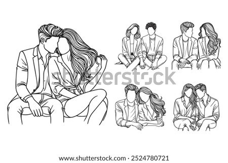Line Art Couple Sitting Intimately Black and White Illustration Hand Drawn Clipart