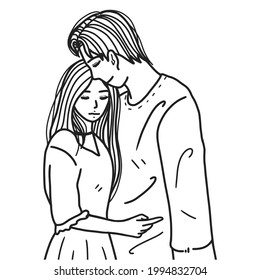 line art of couple standing hugging isolated on white, romantic hug of couple