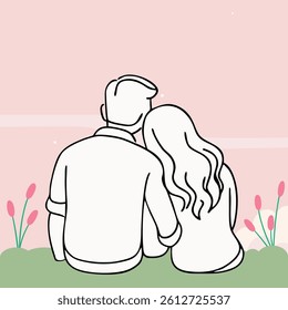 line art of couple with twilight background