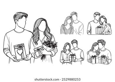 Linha Art Casal Valentim presente e Romance Pose Art preto e branco ilustração mão desenhada Clipart