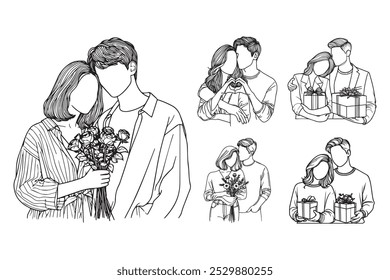 Line Art Couple Valentine Gift And Romance Pose Art Black and White Illustration Hand Drawn Clipart