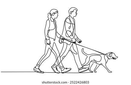 Line art of couple walking with dog isolate white background 