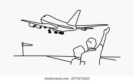 Line art of a couple waving at a departing airplane. Simple illustration of travel, farewell, and aviation. Minimalist design with a plane in flight. Simple black line art doodle vector.