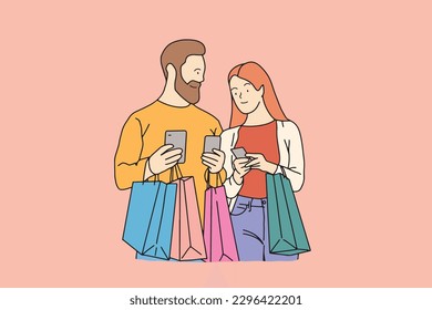 line art couples consulting about shopping cartoon characters men and women Discuss purchases and carrying shopping bags. Illustration vector hand drawn