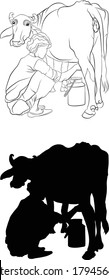 Line art of cow with man, Pet silhouette, Indian villager extracting milk from buffalo