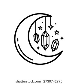 Line Art Crescent Moon with Hanging Crystal Celestial Decoration Illustration