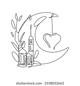  Line Art of Crescent Moon and Mosque with Heart Decoration