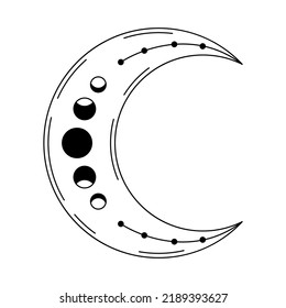 Mondmond der Linienkunst mit Phasen. Magisches mystisches Vektordesign-Element. Abstrakter linearer Mond. Boho Himmelsgrafik.
