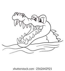 Line Art of Crocodile Cartoon Character in water.