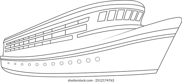 Ilustración vectorial de crucero Line Art en blanco y negro. Ideal para diseños de temática marina, viajes y gráficos relacionados con las vacaciones. Este Vector de crucero simple pero detallado es perfecto para logotipos.