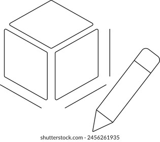 Línea de arte de un cubo y lápiz que representa el diseño y la creatividad