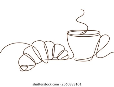  Line Art of a Cup of Coffee and Croissant with a Continuous Line Sketch