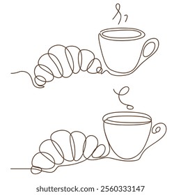  Line Art of a Cup of Coffee and Croissant with a Continuous Line Sketch