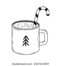 Line art cup with hot drink and foam with candy stick, simple vector winter art.